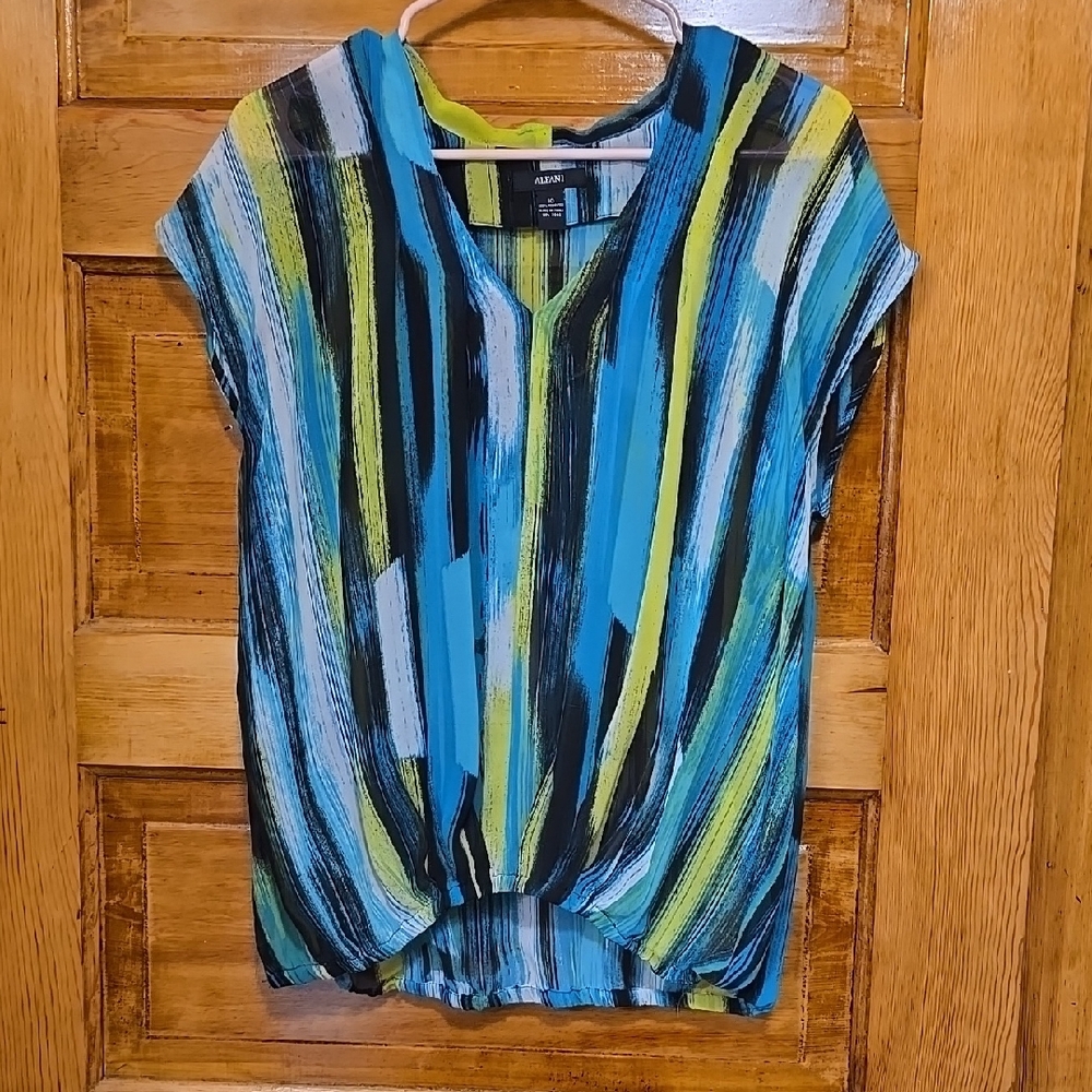 Alfani Blue, Black & Lime Striped Short Sleeve Blouse